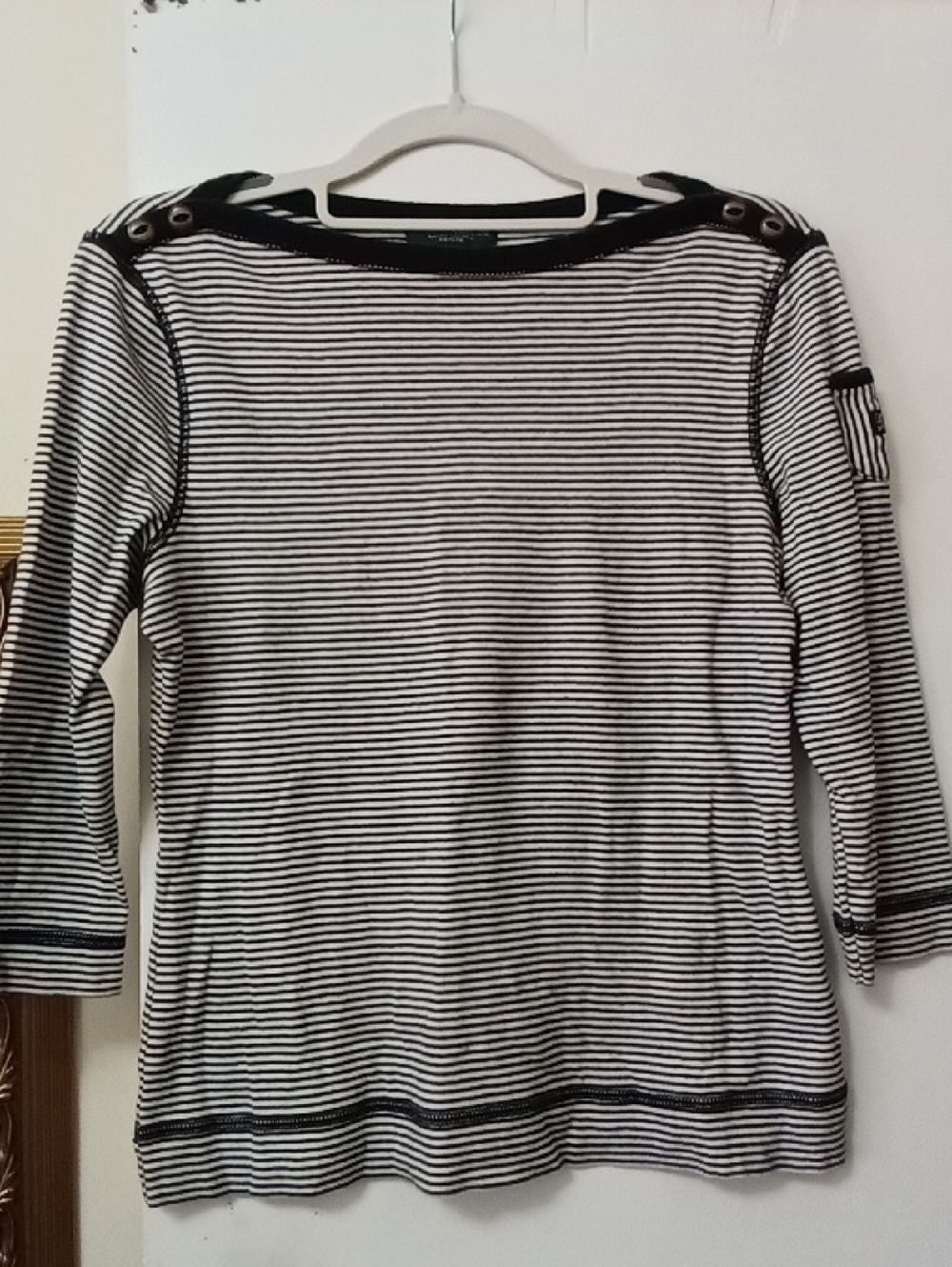 Ralph Lauren Black & White Striped Boatneck Long Sleeve Top